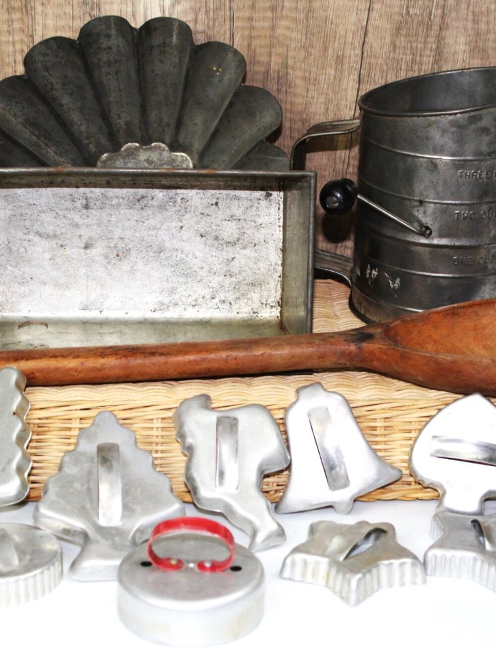 Collection of Vintage Baking Pans Utensils Sifter with Wooden Handle